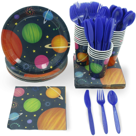 Outer Space Party Supplies Bundle Plates, Napkins, Cups, and Cutlery - Serves 24, 144 Total Pieces for a Fun and Memorable Birthday Celebration