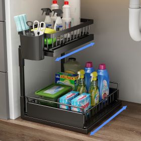 Double Sliding Metal Under Sink Organizer L Shape (Color: Black)